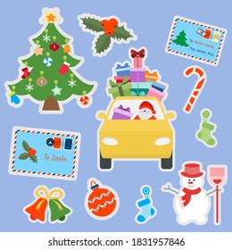 Happy New Year 2021 Merry Christmas vector illustration Santa Claus carries gifts by car, letters to Santa, gift, Christmas tree, mistletoe, snowman, bells, socks, candy cane. Winter holiday symbol