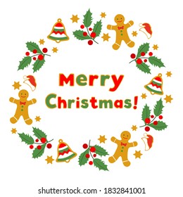 Happy New Year 2021 Merry Christmas vector illustration Fun cartoon gingerbread man, mistletoe, bell, Santa hat on white background Christmas cookies Winter holiday background Design for print, card