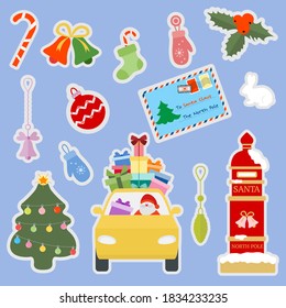Happy New Year 2021 Merry Christmas vector illustration Santa Claus carries gifts by car, Santa's mailbox, letter to Santa, Christmas tree, mistletoe, bells, socks, candy cane, mittens, hare. Holiday