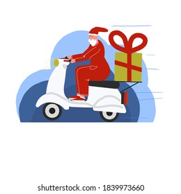 Happy New Year 2021 Merry Christmas vector illustration. Santa Claus on motorbike carries gifts, Christmas tree. Delivery, shipping. Winter holiday Festive background. Design for greeting card, print