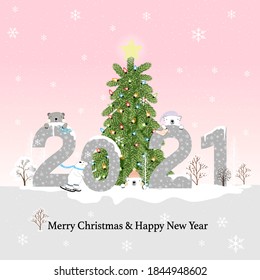 Happy New year 2021 & Merry Christmas on pink pastel with polar bear and pine trees forest,Kawaii flat cartoon design, vector Illustration for new year or Christmas Greeting card and invitation card