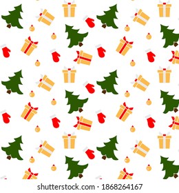 Feliz año nuevo 2021, Feliz Navidad sin fisuras con árbol de Navidad, regalos, juguetes, guantes. Diseño para envoltura, tela, impresión. Ilustración del vector
