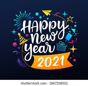 Feliz mensaje de año nuevo 2021 con iconos de diseño colorido sobre fondo negro, ilustración de vector EPS 10