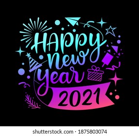 Happy new year 2021 message with icons blue gradation purple on black background, EPS 10 vector illustration