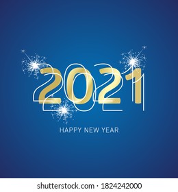 Happy New Year 2021 modern shining bold light typography logo gold white blue greeting card