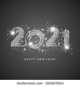 Happy New Year 2021 modern pop line design typography silver abstract numbers logo icon firework black background