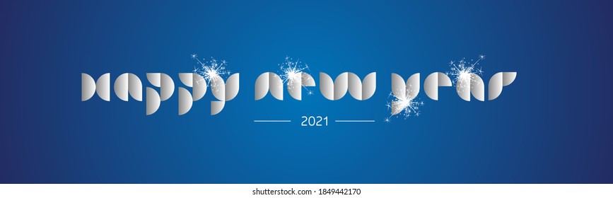 Happy New Year 2021 modern rounded pop art shining light silver abstract lettering typography sparkle firework logo icon blue vector