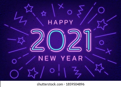 Happy New Year 2021 with neon text light. New Year design template for seasonal flyers greetings card or Christmas invitations, light banner and neon text design.
