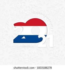 Happy New Year 2021 for Netherlands on snowflake background. Greeting Netherlands with new 2021 year.