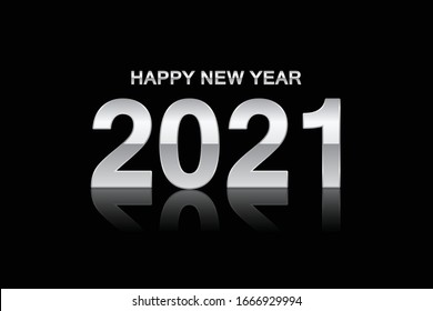 Happy New Year 2021 - Number 2021 Metallic Chrome Style auf schwarzem Hintergrund Grußkarte. Illustrator-Vektorillustration