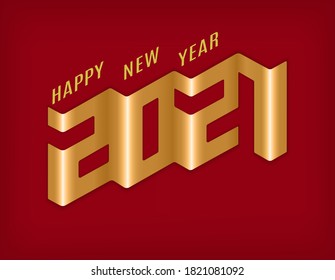 Happy new year 2021 number on golden shiny ribbon over red background. Template for New Year's design. 2021 festive new year party icon. Decoration element for design