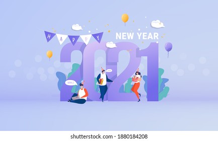 Happy new year 2021, number of 2021, Group of people character illustration concept