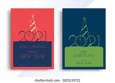 Happy New Year 2021 numbers typography greeting card design with stylized clock, xmas tree and decoration. Merry Christmas invitation poster template.