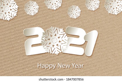 Happy New Year 2021. Numbers 20, 2, 0, 1, 21 and snowflake cut from paper for holiday greeting card, invitation, calendar poster, banner. Vector Illustration.