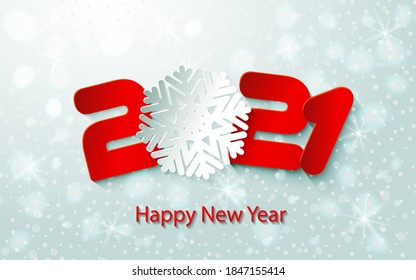 Happy New Year 2021. Numbers 2, 1, 21 and snowflake cut from paper for holiday greeting card, invitation, calendar poster, banner. Vector Illustration.