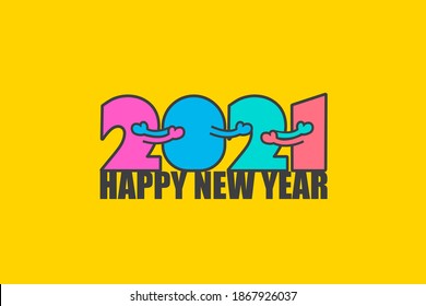 Happy New year 2021 with numbers that are hugging. Bright card as symbol friendly year for your seasonal holidays flyers, invitations and greetings cards, leaflets and banners. Vector illustration.