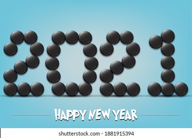 Happy New Year. 2021 numbers made from hockey pucks. Design pattern for greeting card, banner, poster, flyer, party invitation, calendar. Vector illustration