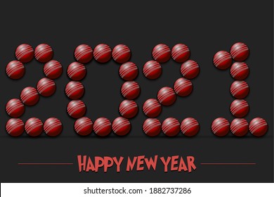 Happy New Year. 2021 numbers made from cricket balls. Design pattern for greeting card, banner, poster, flyer, party invitation, calendar. Vector illustration