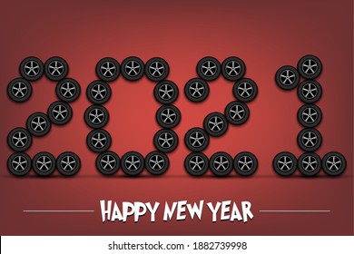 Happy New Year. 2021 numbers made from car wheels. Design pattern for greeting card, banner, poster, flyer, party invitation, calendar. Vector illustration