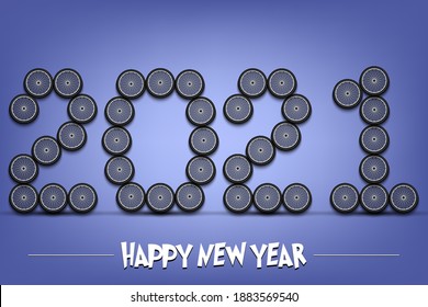 Happy New Year. 2021 numbers made from bicycle wheels. Design pattern for greeting card, banner, poster, flyer, party invitation, calendar. Vector illustration