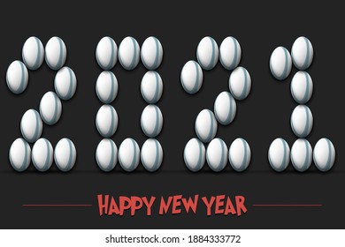 Happy New Year. 2021 numbers made from rugby balls. Design pattern for greeting card, banner, poster, flyer, party invitation, calendar. Vector illustration