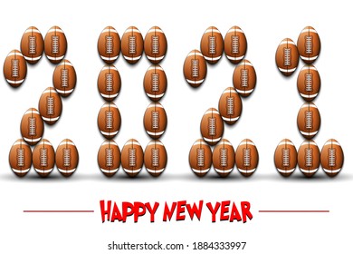 Happy New Year. 2021 numbers made from football balls. Design pattern for greeting card, banner, poster, flyer, party invitation, calendar. Vector illustration