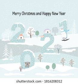 Happy New year 2021 on blue pastel colour with polar bear and pine trees forest,Kawaii flat cartoon design, vector Illustration for new year or Chritmas Greeting card and invitation card