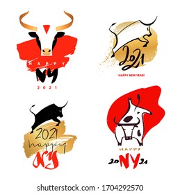 Happy New Year 2021. Year of Ox. Chinese lunar zodiac symbol of 2021. Vector illustration. Template element design poster, banner, flyer, isolate logo with face, head, silhouette bull.