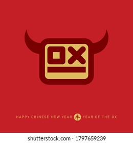 Happy New Year, 2021 the year of the Ox. Chinese new year 2021. Poster with a stylized ox face and hieroglyph (Translation: year of the Ox). Vector illustration.