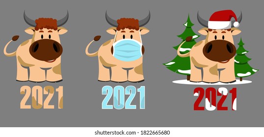 Happy New Year 2021 of the Ox. Chinese symbol of the new year 2021. Collection of festive bulls in medical mask and santa hat. Stock vector illustration.