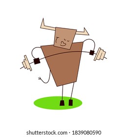 Happy new year 2021. The Year of the Ox. Funny cute kawaii bull, cow training strength. Outdoor sports, workout. Vector illustration in cartoon style isolated on white background. Design template