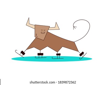Happy new year 2021. The Year of the Ox. Funny cute kawaii bull, cow. Winter sports. Outdoor activities. Skating. Vector illustration in cartoon style isolated on white background. Card template