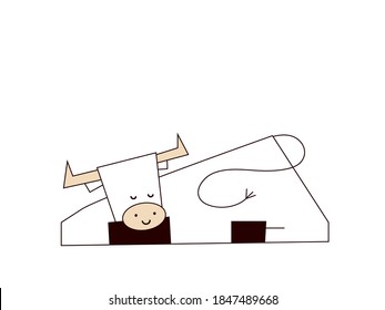 Happy new year 2021. The Year of the Ox. Funny cute kawaii bull. Relaxing, sleeping, smiling cow. Vector illustration in cartoon style isolated on white background. Template for your design