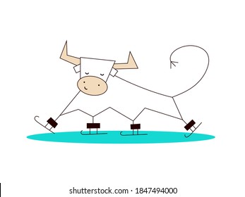 Happy new year 2021. The Year of the Ox. Funny cute kawaii bull, cow. Winter sports. Outdoor activities. Ice skating. Vector illustration in cartoon style isolated on white background. Card template