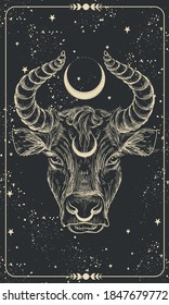 Happy New Year 2021 Of The Ox, Ox-Taurus. Linear Drawing On A Black Background, Tarot, Tattoo, Chinese Horoscope, Astrology And Zodiac Signs. Vector Illustration For Poster, Cover, Calendar, Logo