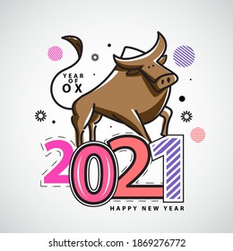 Happy new year 2021. Year of the ox. Vector illustration.