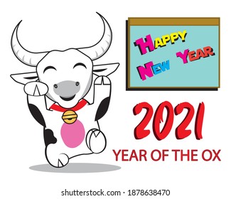 Happy new year 2021 Year of the OX drawing in cartoon vector