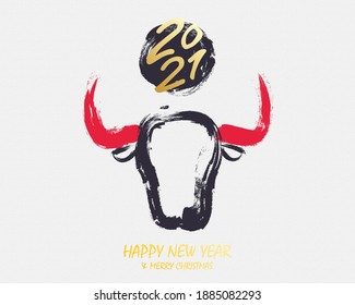 Happy New Year 2021 ox head or greeting card template. Bull symbol 2021. Brochure mockup. Vector illustration. EPS 10