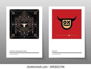 Happy New Year, 2021 the year of the Ox. Set of Posters for chinese new year 20 21. Hieroglyph translation: Ox. Illustration with a stylized bull and lettering.