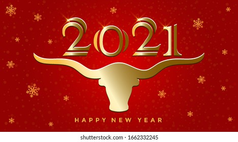 Feliz Año Nuevo 2021 del buey.Vector ilustración de un toro dorado que tiene números en los cuernos. Copos de nieve y texto sobre fondo aislado de degradado rojo
