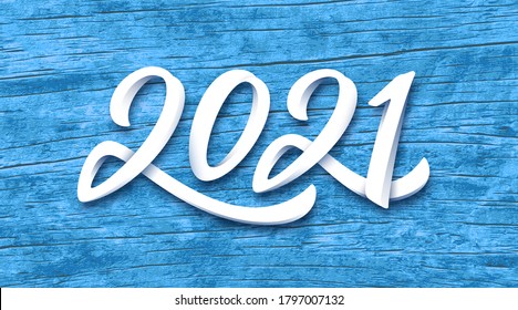 Happy New Year 2021. Paper 3D calligraphic number on blue wood background. Vector greeting card design template for winter holidays