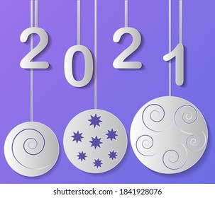 happy new year to 2021. paper patterns of figures and Christmas balls. vector graphics