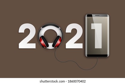 Happy New Year 2021 party headphones music phone background. Greeting card headphone player 202disco flyer. Headset phone equipment date 2021