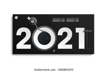 Happy New Year 2021 party DJ's music panel background. Greeting card headphone DJ player headphone 2021 flyer. Headset DJ equipment date 2021 year. Celebrate earphones dancing disco brochure