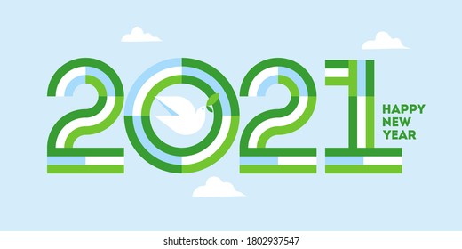 Happy New Year 2021 peaceful greeting card. Elegant striped numbers and white peace dove with olive branch at clear blue sky. Geometric vector illustration for brochure cover or holiday calendar