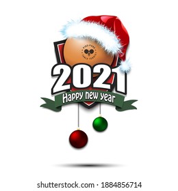 Happy new year 2021. Ping Pong logo template design. ping-pong ball in santa hat. Pattern for banner, poster, greeting card, party invitation. Vector illustration
