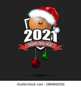 Happy new year 2021. Ping Pong logo template design. ping-pong ball in santa hat. Pattern for banner, poster, greeting card, party invitation. Vector illustration