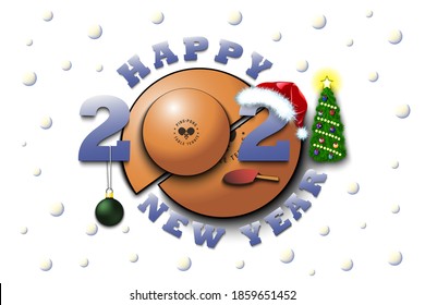 Happy new year 2021 and ping-pong ball with Christmas ball, racket and hat. Creative design pattern for greeting card, banner, poster, flyer, party invitation, calendar. Vector illustration