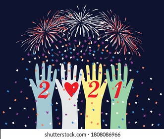 Happy New Year 2021 postcard background vector illustration image art with abstract concepts of friendship, love, diversity, unity, victory and celebration