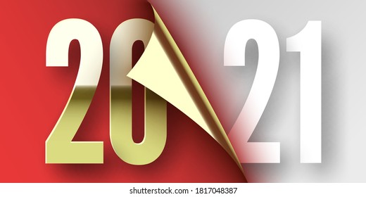 Happy New Year 2021 poster. Red ribbon with curved edge on white background. Sticker. Vector illustration.